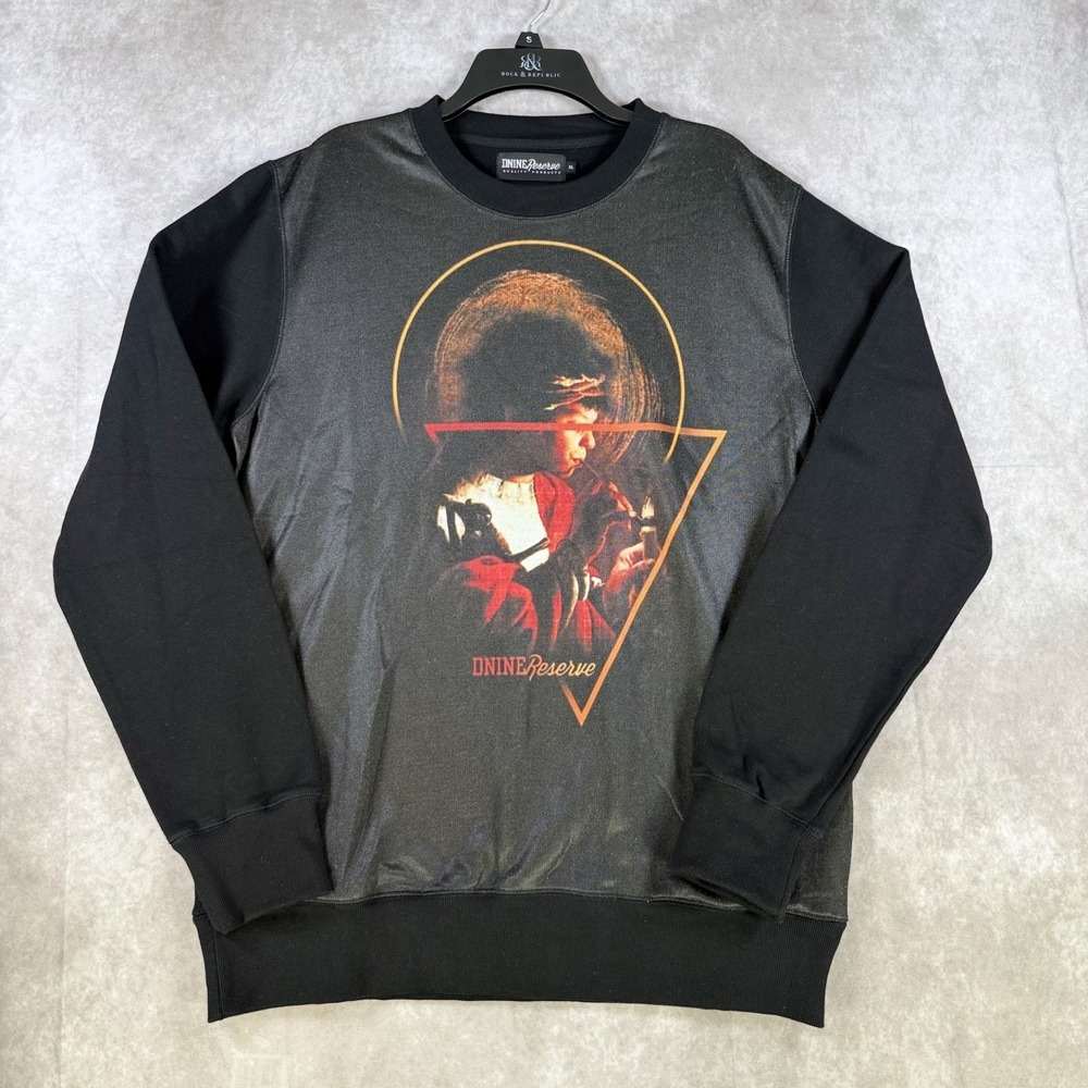 Dnine‎ Reserve Sweatshirt Men XL Black Multi Graphic Crewneck Streetwear Gothic